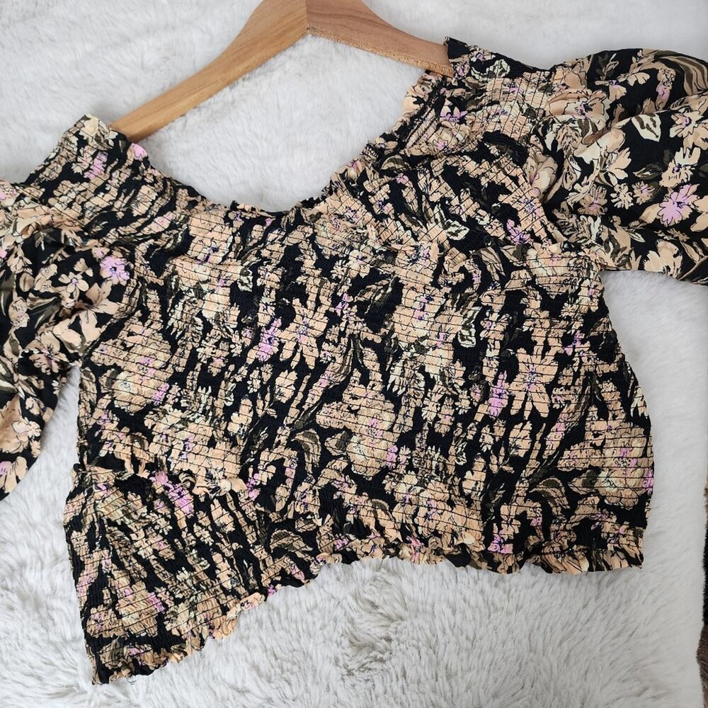 Free People East To West Smocked Off Shoulder Top Black Gold Floral Blouse M FP - Picture 7 of 14